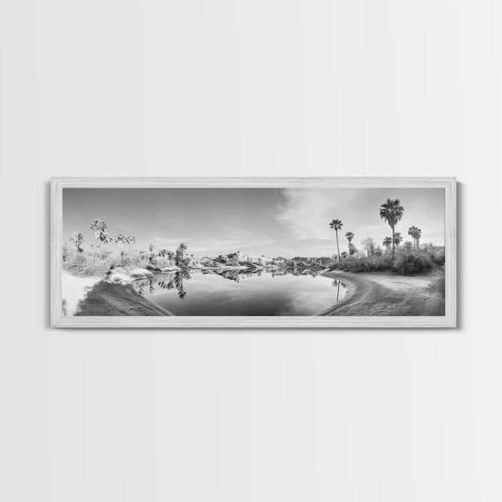 Oasis Reflections, Palm Trees, Desert Scene, Infrared Art Print, Framed Canvas Print, Tropical Wall Art, Boho Bedroom Decor, Tranquil Style
