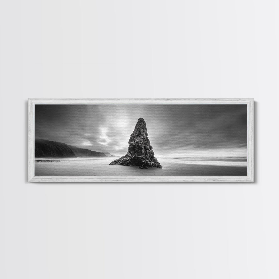 Coastal Monolith, Oregon Seascape, Moody Sky, Dramatic Beach, Framed Canvas Print, Coastal Wall Art, Modern Minimalist Decor