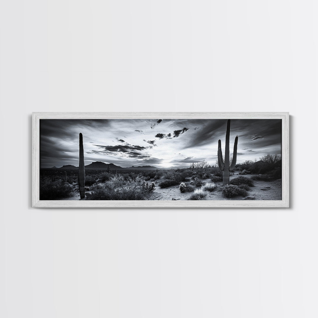 Desert Sunset, Cactus Silhouettes, Southwestern Landscape, Moody Sky Scene, Framed Canvas Print, Western Wall Art, Rustic Office Decor