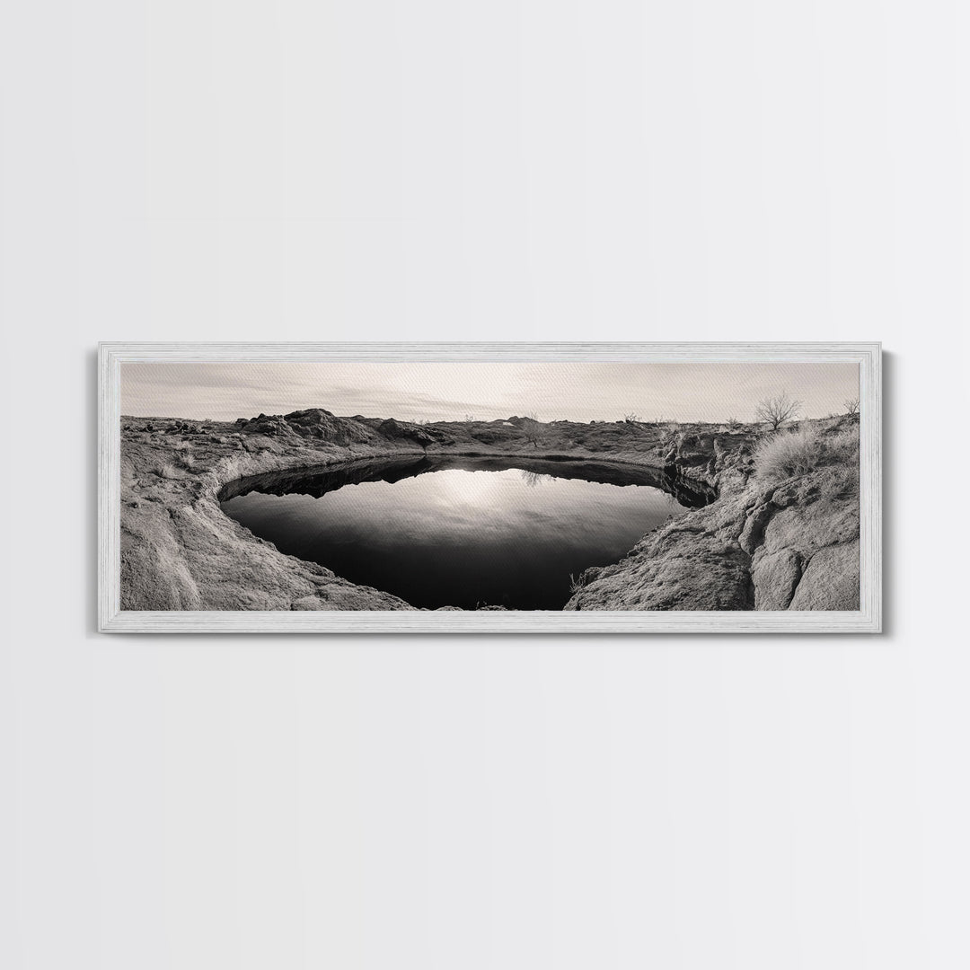 Desert Pool, Reflected Sky, Rugged Terrain, Monochrome Minimalism, Framed Canvas Print, Earthy Wall Art, Neutral Bedroom Decor