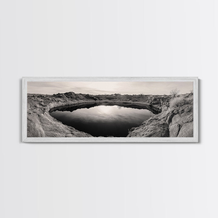 Desert Pool, Reflected Sky, Rugged Terrain, Monochrome Minimalism, Framed Canvas Print, Earthy Wall Art, Neutral Bedroom Decor