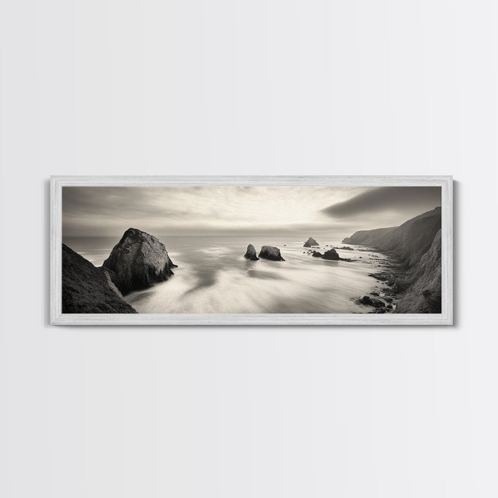 Rocky Coastline, Ocean Cliffs, Soft Waves, Long Exposure Landscape, Framed Canvas Print, Nautical Wall Art, Calm Living Room Decor