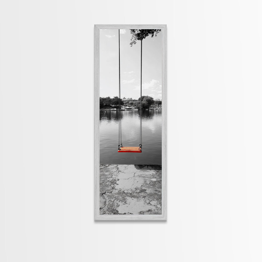 Swing Over Lake, Still Waters, Childhood Memories, Tranquil View – Canvas Print, Minimalist Wall Art, Kids Room Decor, Serene Black and White