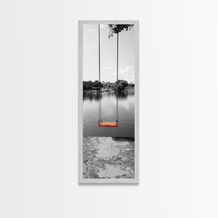 Swing Over Lake, Still Waters, Childhood Memories, Tranquil View – Canvas Print, Minimalist Wall Art, Kids Room Decor, Serene Black and White
