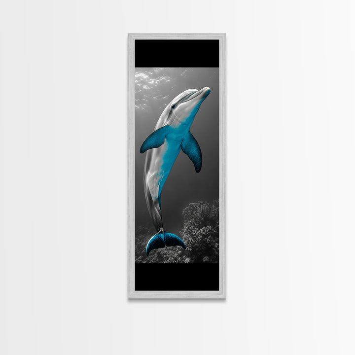 Blue Dolphin, Ocean Glow, Underwater Life, Sea Creature – Framed Canvas Print, Bathroom Wall Art, Coastal Decor, Marine Animal Art