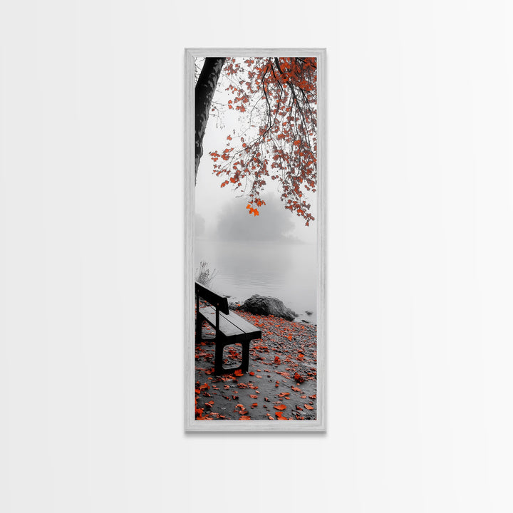 Autumn Leaves, Lakeside Bench, Quiet Moments, Foggy Morning, Framed Canvas Print, Cozy Fall Wall Art, Tranquil Living Room Decor