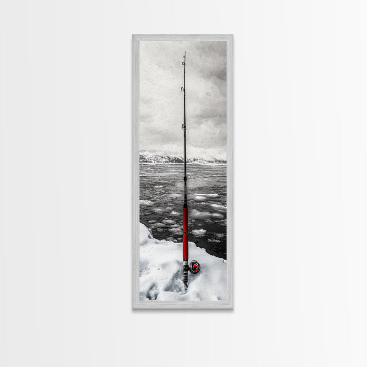 Ice Fishing Rod, Snow Adventure, Winter Sport, Framed Canvas Print, Man Cave Decor, Rustic Cabin Wall Art, Outdoor Lifestyle Photography