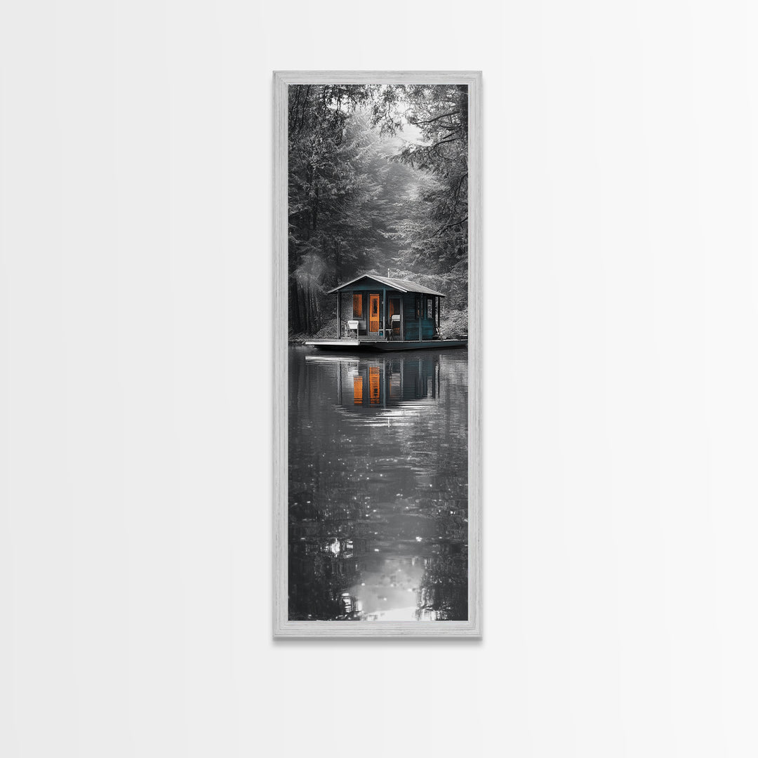 Cabin Reflection, Lake House Art, Cozy Forest Home, Canvas Print, Winter Wall Decor, Rustic Bedroom Artwork, Cabin Lover Gift