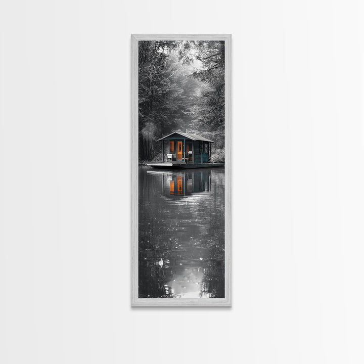 Cabin Reflection, Lake House Art, Cozy Forest Home, Canvas Print, Winter Wall Decor, Rustic Bedroom Artwork, Cabin Lover Gift