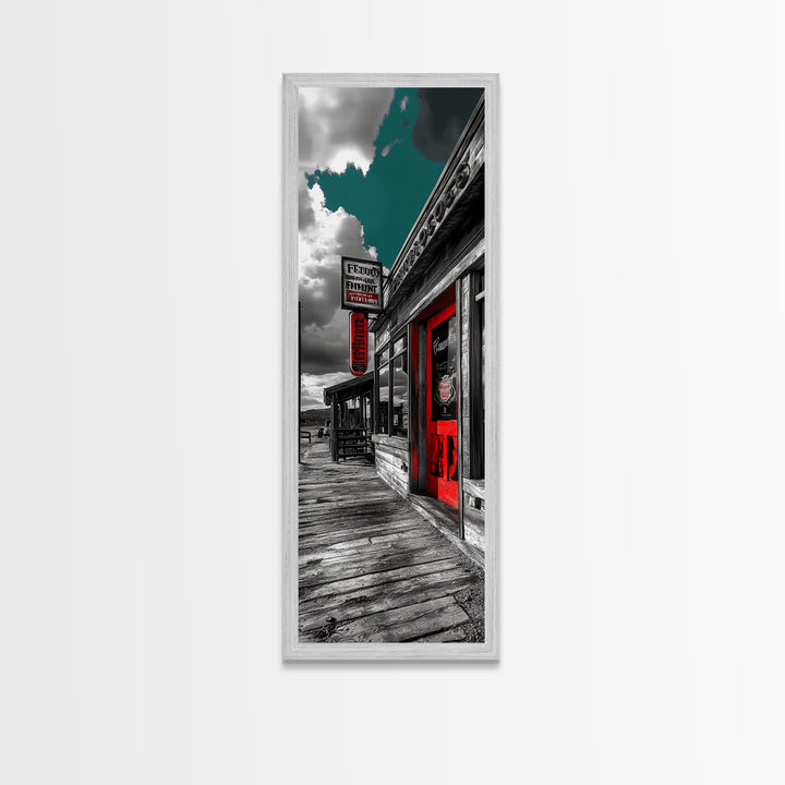 Wild West, Red Door, Desert Town, Saloon Art, Framed Canvas Print, Cowboy Wall Art, Western Decor, Rustic Bar Style, Americana Vibes