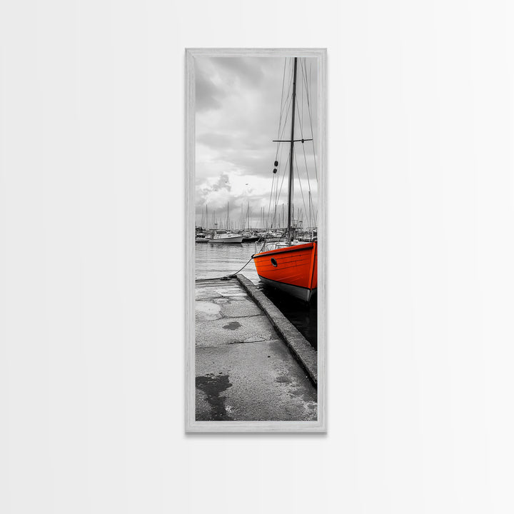 Vibrant Boat, Dockside Scene, Nautical Decor, Color Accent, Framed Canvas Print, Black and White Photography, Coastal Wall Art, Bathroom Art