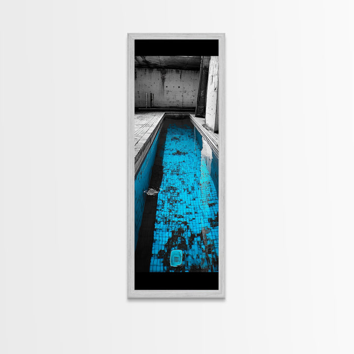Abandoned Pool, Urban Texture, Gritty Vibes, Blue Contrast, Framed Canvas Print, Industrial Wall Art, Moody Bathroom or Loft Decor