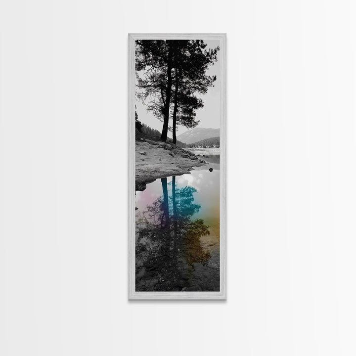 Tree Reflection, Moody Landscape, Nature Serenity, Rainbow Water, Framed Canvas Print, Boho Style, Bedroom Wall Art, Artistic Calm