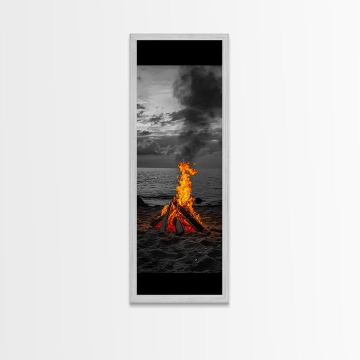Beach Bonfire, Glowing Flame, Night Ocean, Framed Canvas Print, Autumn Coastal Wall Art, Rustic Cabin Decor, Moody Beach Photography