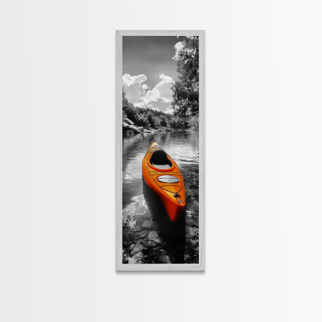 River Kayak Drift, Serene Paddle, Tranquil Outdoors, Fall Waterway, Canvas Print, Rustic Wall Art, Adventure Decor, Nature Photography