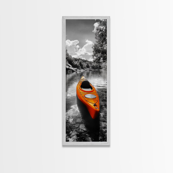 River Kayak Drift, Serene Paddle, Tranquil Outdoors, Fall Waterway, Canvas Print, Rustic Wall Art, Adventure Decor, Nature Photography