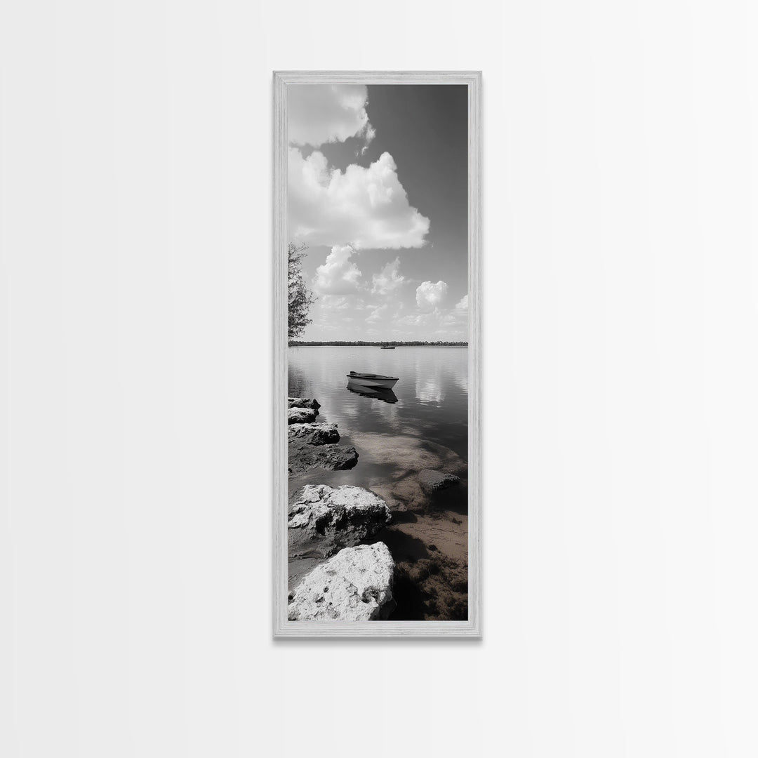 Monochrome Boat Lake, Peaceful Dockside, Still Waters, Minimal Calm, Framed Canvas Print, Bedroom Wall Art, Black White Photography