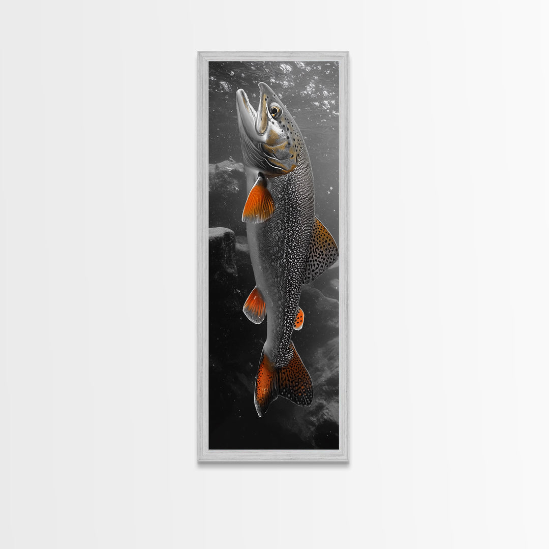 Trout Fishing Print, Underwater Scene, Orange Fins Fish, Rustic Wildlife, Framed Canvas Print, Cabin Decor, Man Cave Wall Art