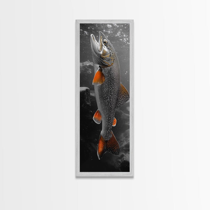 Trout Fishing Print, Underwater Scene, Orange Fins Fish, Rustic Wildlife, Framed Canvas Print, Cabin Decor, Man Cave Wall Art