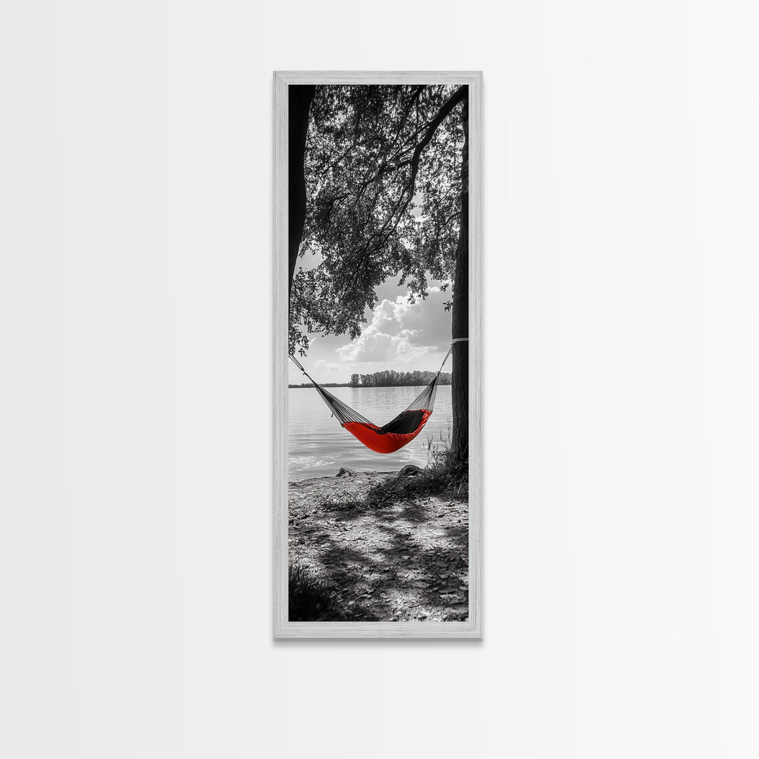 Red Hammock Escape, Nature Lake Art, Serene Moment, Outdoor Vibes, Framed Canvas Print Rustic Bedroom Wall Art, Minimalist Landscape