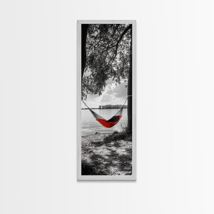 Red Hammock Escape, Nature Lake Art, Serene Moment, Outdoor Vibes, Framed Canvas Print Rustic Bedroom Wall Art, Minimalist Landscape