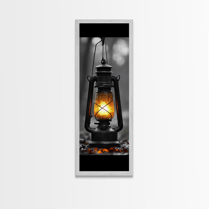 Vintage Lantern Glow, Moody Forest Scene, Rainy Night Light, Framed Canvas Print Rustic Entryway Wall Art, Autumn Warmth Art Style