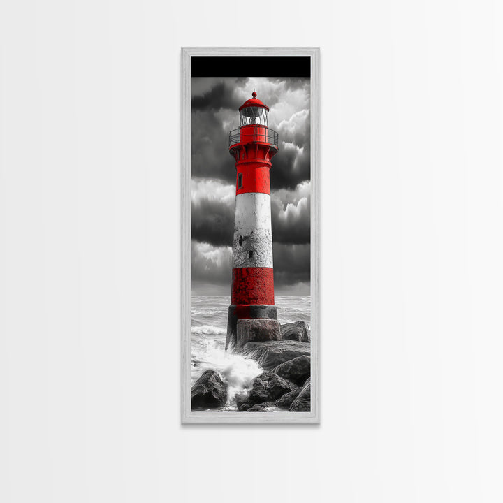 Red Lighthouse Storm, Coastal Beacon Art, Dramatic Seascape, Nautical Scene, Framed Canvas Print Living Room Wall Art, Moody Decor