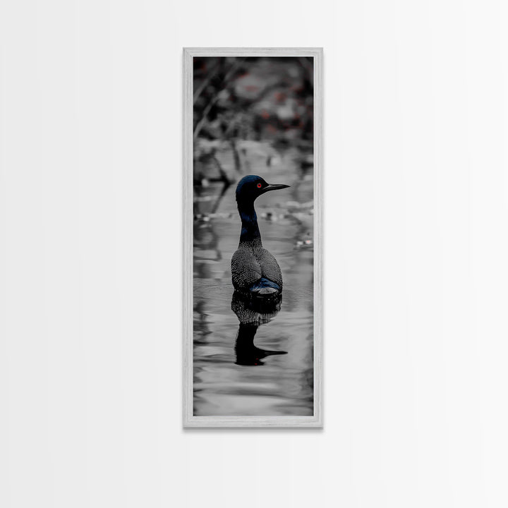 Blue Loon, Water Reflection, Elegant Bird, Lake Life Framed Canvas Print, cabin decor, nature wall art, minimalist bird art, office wall art