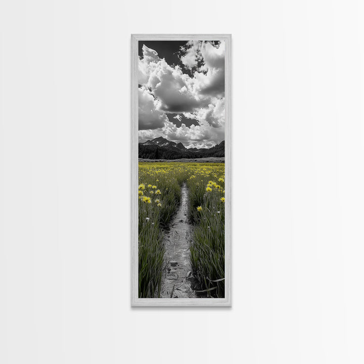 Yellow Field, Mountain Trail, Alpine Meadow, Bright Sky Framed Canvas Print, nature lover gift, landscape wall decor, cabin wall art