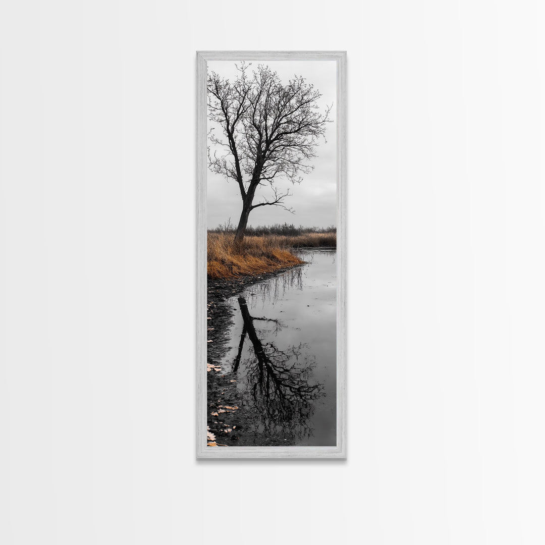 Bare Tree, Marsh Reflection, Autumn Tones, Moody Nature Framed Canvas Print, fall farmhouse wall art, rustic entryway decor, office wall art