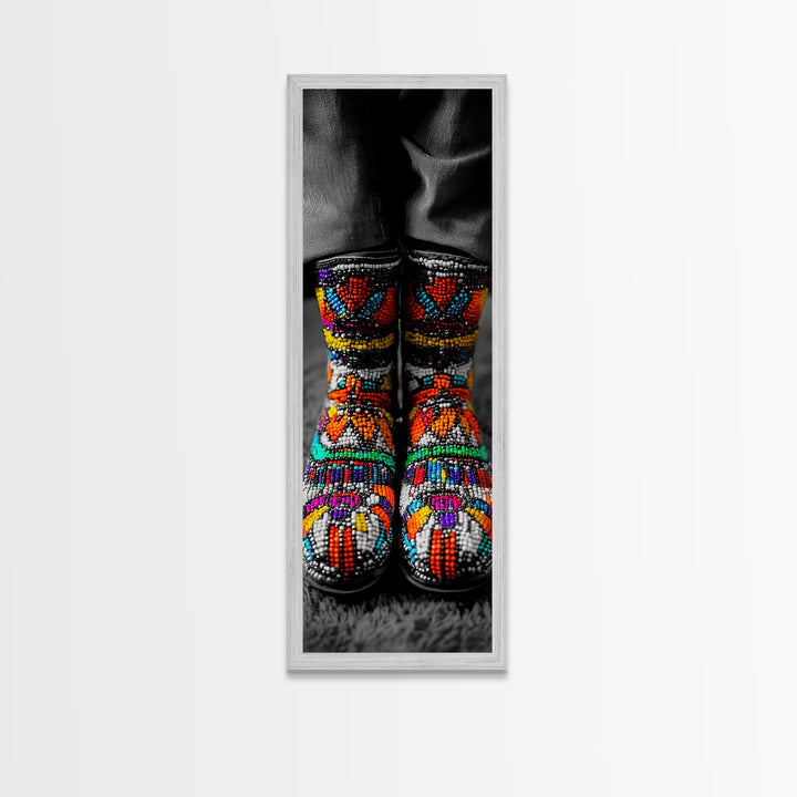 Beaded Boots, Bold Fashion, Cultural Style, Tribal Vibes, Framed Canvas Print, Boho art, Fashion Wall Art, Entryway Decor, Statement Piece