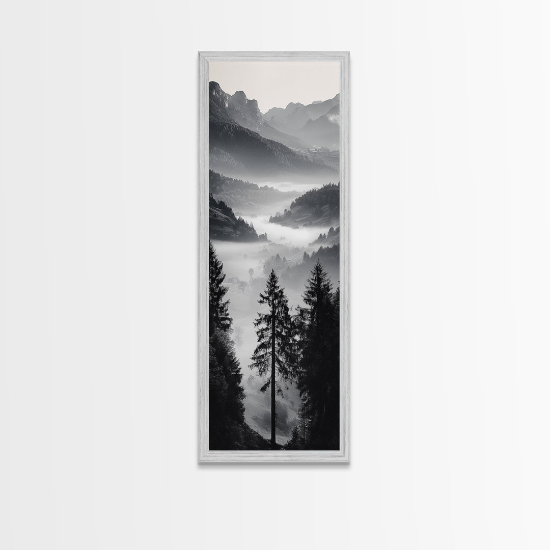 Foggy Mountains, Pine Forest, Valley Mist, Calm Landscape, Canvas Print, entryway wall art, cozy cabin vibes, grayscale art style