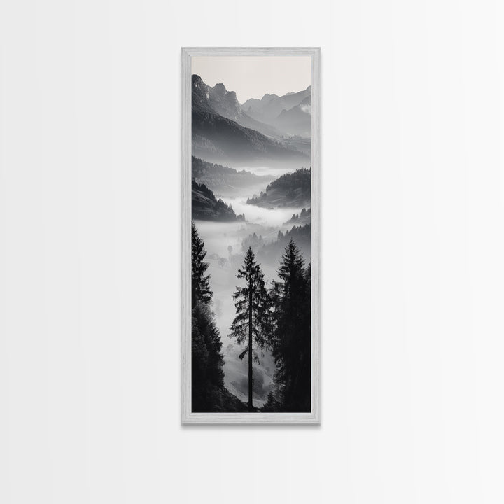 Foggy Mountains, Pine Forest, Valley Mist, Calm Landscape, Canvas Print, entryway wall art, cozy cabin vibes, grayscale art style