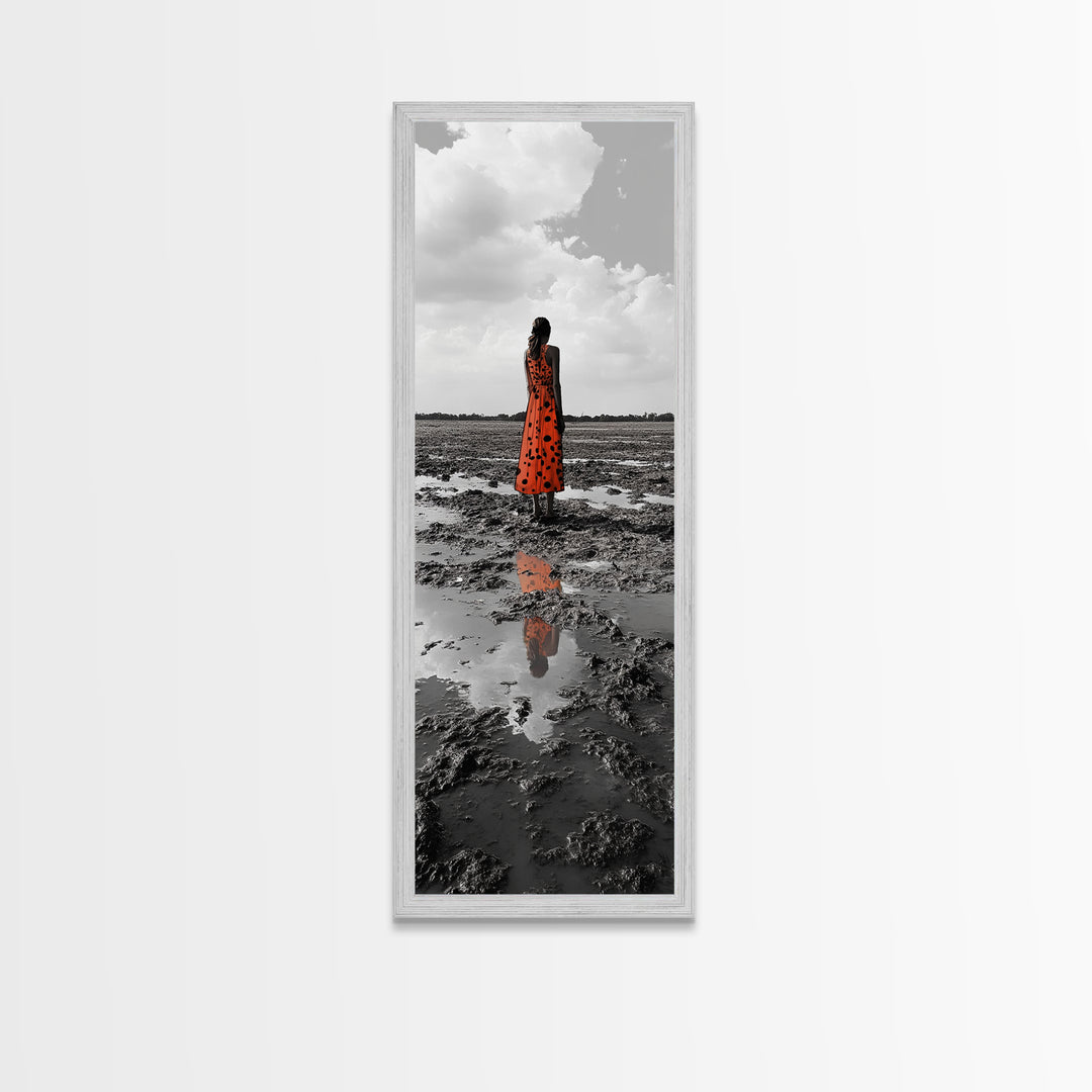 Solitary Woman, Polka Dot Dress, Reflected Mood, Framed Canvas Print, Surreal Fine Art, Bedroom Wall Art, Contemporary Minimalist Style