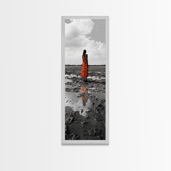 Solitary Woman, Polka Dot Dress, Reflected Mood, Framed Canvas Print, Surreal Fine Art, Bedroom Wall Art, Contemporary Minimalist Style