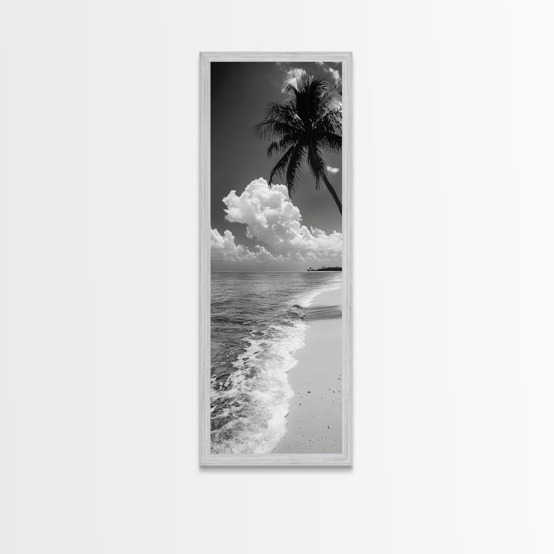 Tropical Palm, Beach Scene, Coastal Vibes, Framed Canvas Print, Relaxing Ocean Art, Bathroom Wall Decor, Minimalist Seaside Landscape