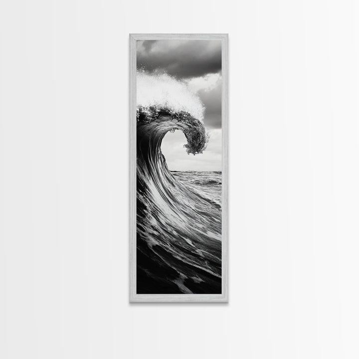 Ocean Wave, Monochrome Surf, Nature Power, Dramatic Sea, Framed Canvas Print, Coastal Wall Decor, Modern Bathroom Art, Minimalist Ocean Art