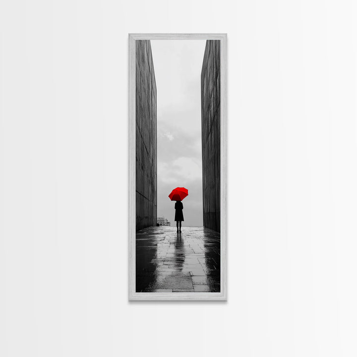 Red Umbrella, Rainy Day, Urban Silhouette, Framed Canvas Print, Minimalist Wall Art, Modern Entryway Decor, Monochrome Mood