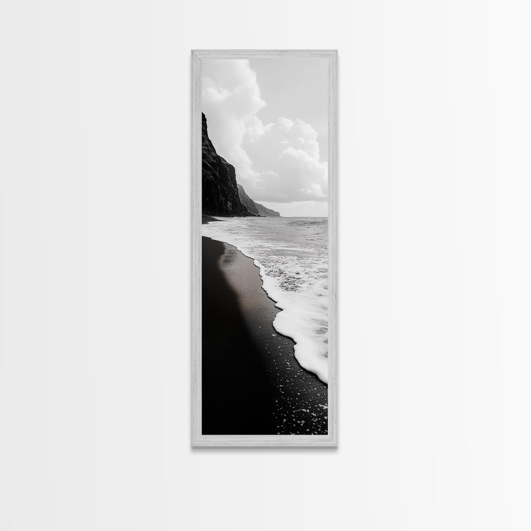 Black Sand, Ocean Foam, Rocky Shoreline, Coastal Serenity, Framed Canvas Print, Monochrome Wall Art, Bathroom Decor, Beach Minimalist
