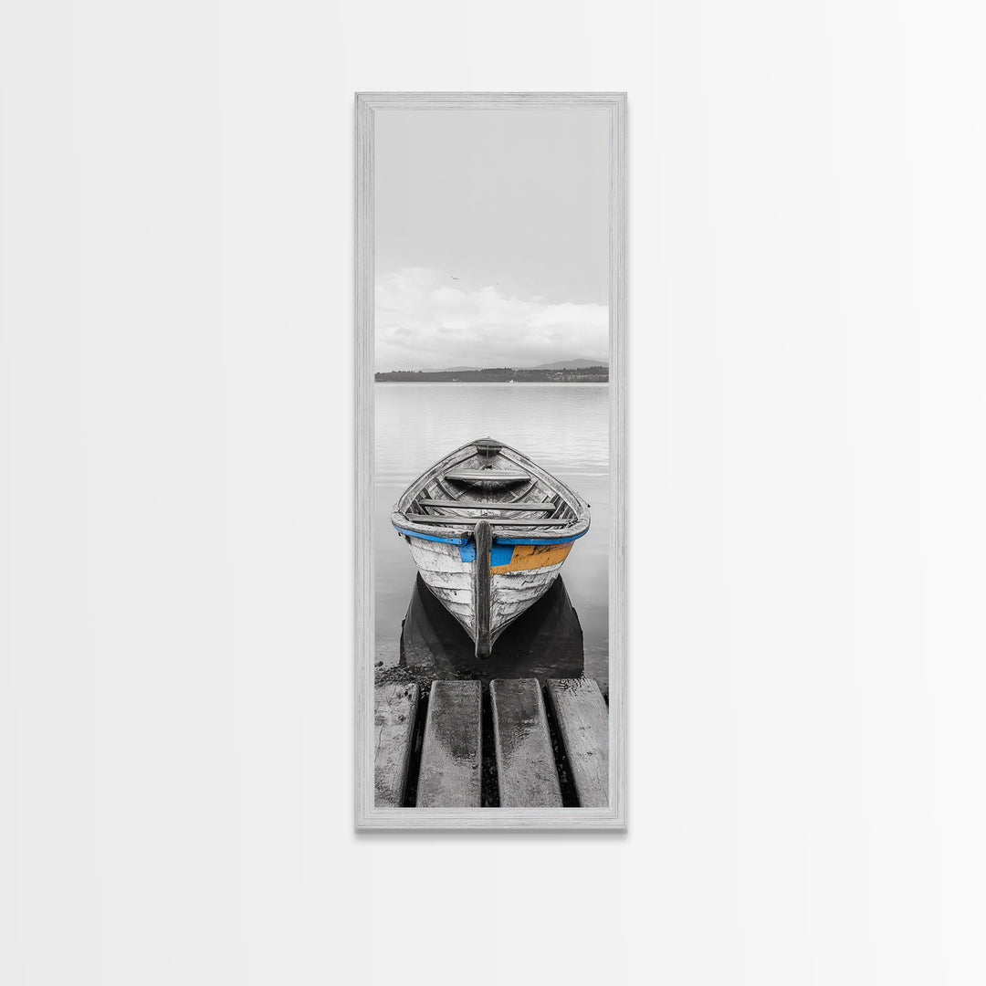 Rowboat Front, Calm Water, Lake Stillness, Serene View, Framed Canvas Print, Nautical Decor, Minimalist Art, Coastal Living Room