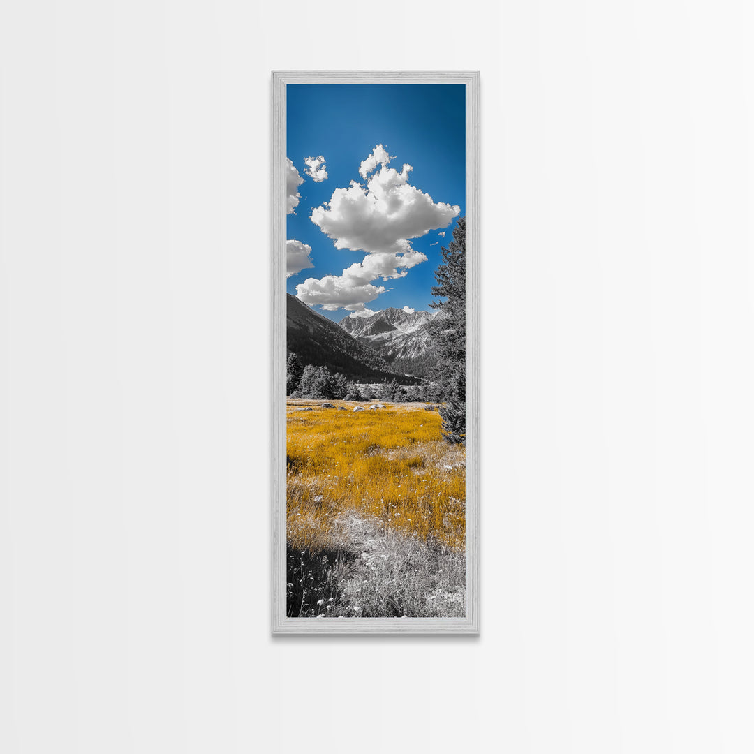 Golden Field, Mountain Range, Blue Sky, Framed Canvas Print, Autumn Landscape Art, Nature Lover Gift, Cabin Wall Art, Rustic Farmhouse Decor