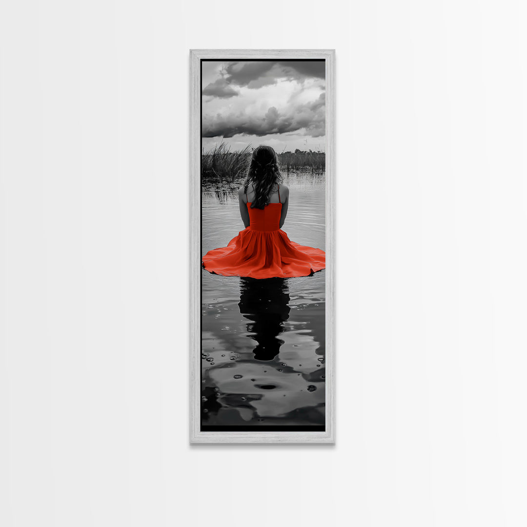 Woman in Red, Serene Lake, Moody Reflections, Dramatic Art Scene, Canvas Print, Bedroom Wall Art, Romantic Decor, Adventure Themed Ar