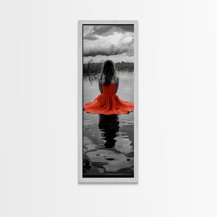 Woman in Red, Serene Lake, Moody Reflections, Dramatic Art Scene, Canvas Print, Bedroom Wall Art, Romantic Decor, Adventure Themed Ar