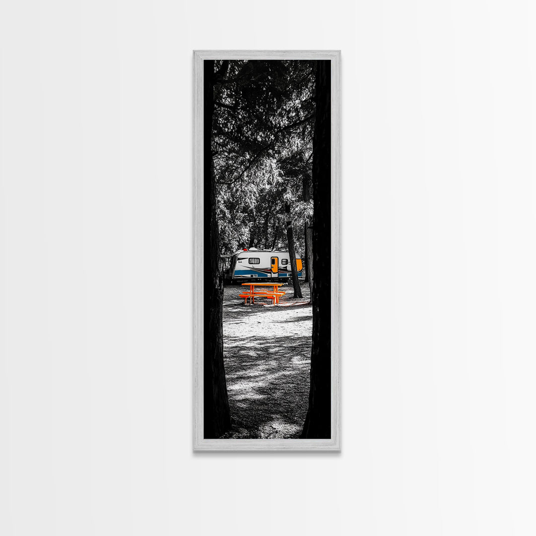 Camper Life, Autumn Picnic, RV Camping Scene, Framed Canvas Print, Rustic Travel Decor, Nature Wall Art, Adventure Home Style