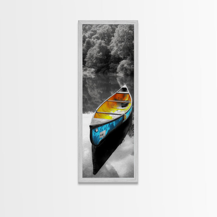 Blue and Yellow Canoe, Calm River Reflections, Rustic Boat Scene, Framed Canvas Print, Autumn Wall Art, Nature Inspired Decor