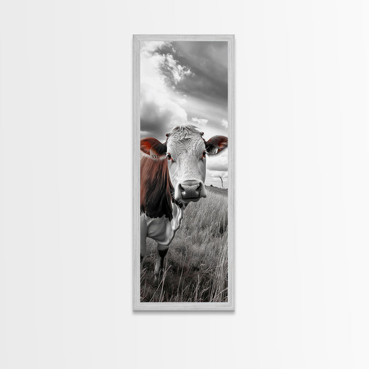 Curious Cow Portrait, Rustic Farmhouse Decor, Country Field Vibe, Framed Canvas Print, Western Wall Art, Kitchen or Dining Room Accent