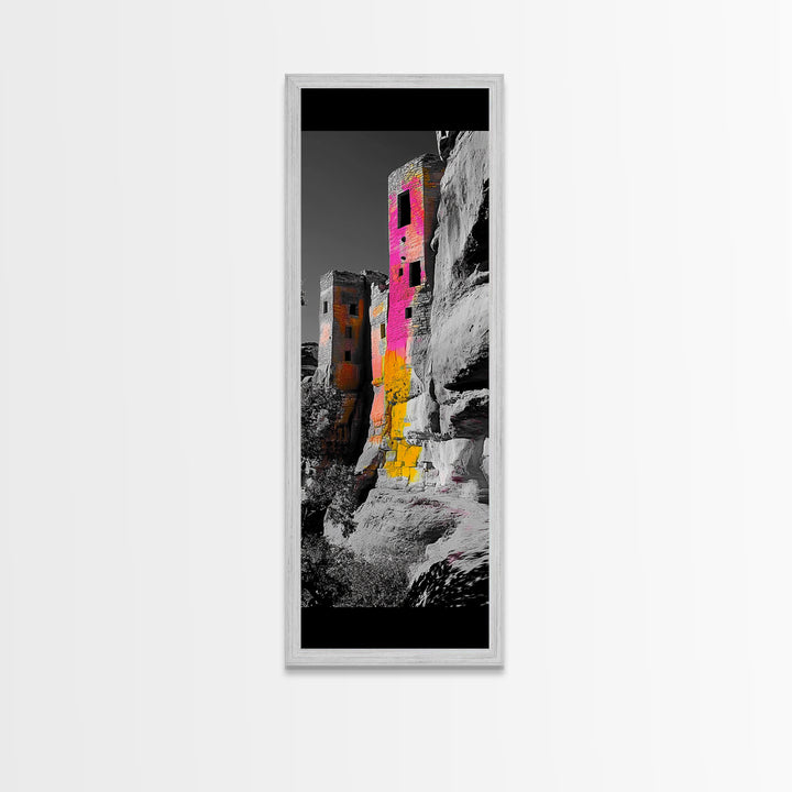 Cliff Dwelling Art, Ancient Ruins Style, Colorful Boho Home Decor, Framed Canvas Print, Southwestern Living Room Wall Art, Hallway Wall Art