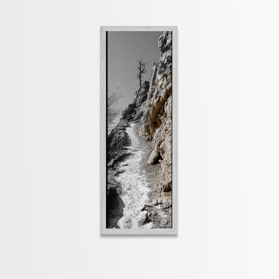 Cliff Pathway Art, Nature Trail Scene, Monochrome Rustic Landscape, Framed Canvas Print, Mountain Cabin Entryway Wall Decor