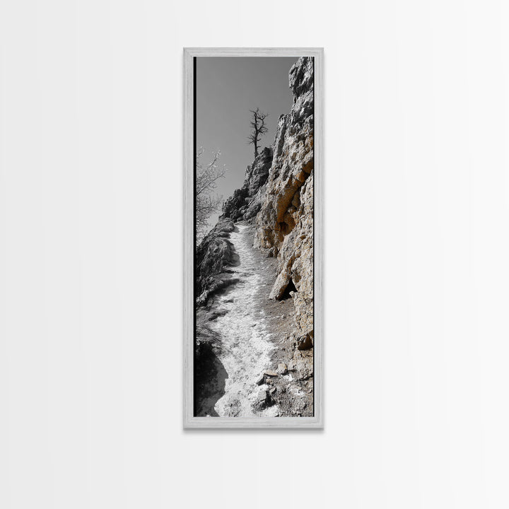 Cliff Pathway Art, Nature Trail Scene, Monochrome Rustic Landscape, Framed Canvas Print, Mountain Cabin Entryway Wall Decor