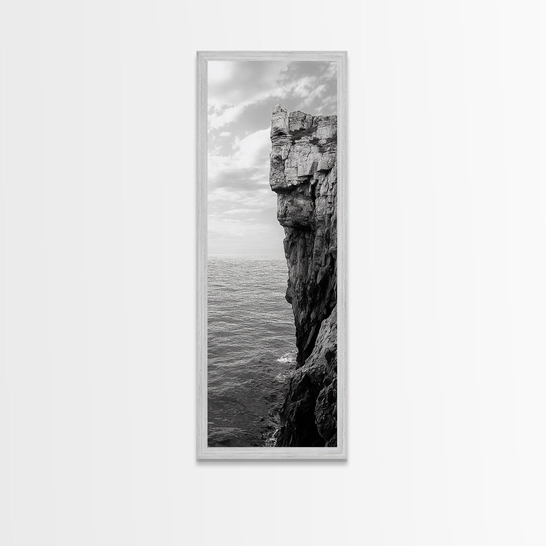 Ocean Cliff Edge, Rugged Coastline Art, Black White Landscape Print, Framed Canvas Print, Modern Seaside Office Wall Decor, Moody Landscape